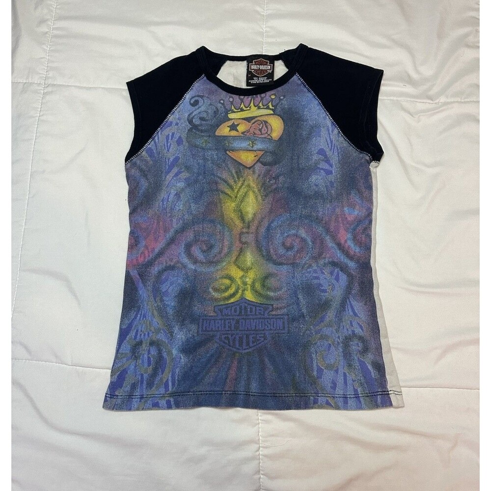 VTG Y2K Harley Davidson Women’s Baby Tee T Shirt Raglan Sleeve Heart Graphic S/M